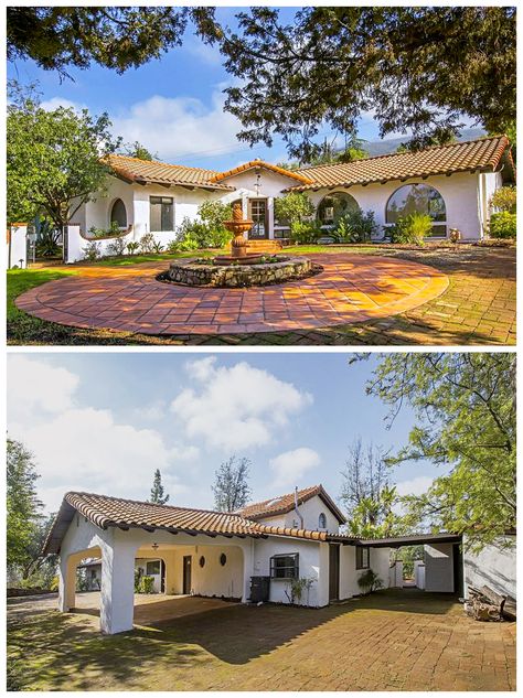 Spanish Carport, Small Hacienda Kitchen, Hacienda Driveway, Spanish Style Home Driveway, Hacienda Homes Ranch Style, Spanish Barndominium, Spanish Colonial House Exterior Hacienda Style, Metal Roof Spanish House, Spanish House With Garage