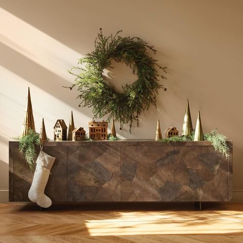 Arhaus (@arhaus) • Instagram photos and videos Christmas Sideboard Decor, Christmas Sideboard, Storage Sideboard, Wood Burl, Sideboard Decor, Modern Holiday Decor, Steel Panels, Sideboard Storage, Modern Holiday