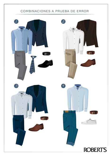 #Combinacion #Look #Outfit #Saco #SacoAzul #SacoCafe #Camisa #CamisaBlanca #CamisaAzul #CamisaRayada #Jeans #Pantalon #PantalonDeVestir #PantalonGris #PantalonChino #Ilustracion Mens Office Wear, Fashion Infographic, Mens Dress Outfits, Outfit Hombre, Mens Business Casual Outfits, Office Man, Shirt Outfit Men, Office Men, Color Combinations For Clothes