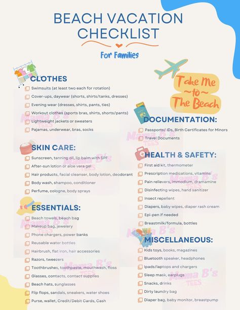 This Beach Vacation Checklist for Families is an absolute must have for busy moms and dads getting ready to take their children on a trip! We know how stressful it can be to make sure you pack every little thing for your kids and to make sure not to forget anything. This is why we created this, for all the parents of kids that could use just a little extra help!  This packing checklist will be automatically available for download  and free from watermarks upon purchase. Beach Essentials For Families, Beach Trip Packing List, Beach Checklist, Packing List Kids, Beach Trip Packing, Checklist Travel, Traveling With Children, Vacation Checklist, Trip Packing