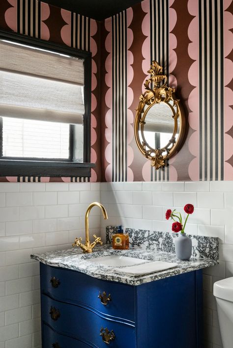 Bold Bathroom Vanity, Bathroom Focal Wall, Victorian Bathroom Vanity, Bathroom Vanity Ideas, Half Bath Remodel, Victorian Era Homes, Bold Bathroom, Navy Bathroom, Easy Hacks