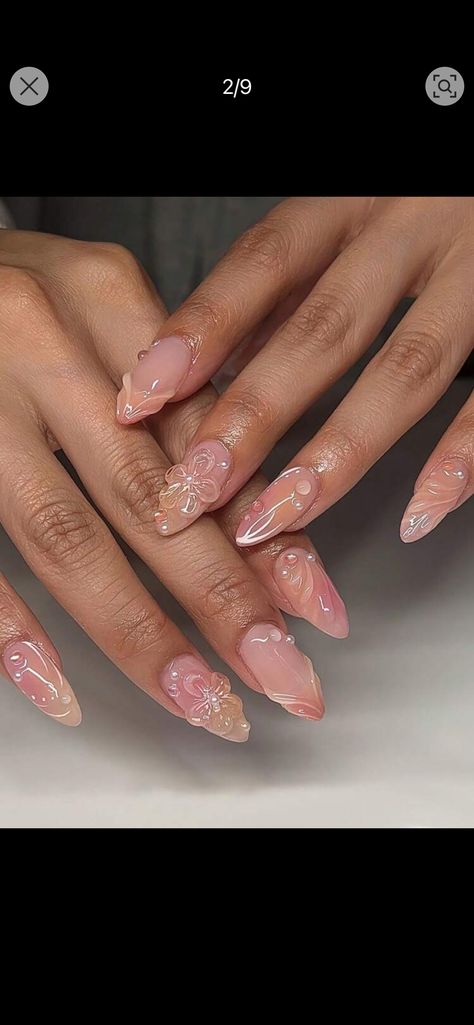 Upgrade Your Look With 24pcs Almond-Shaped Sweet Flower Pearl 3D Sculpted Waves Nail Art Set, Suitable For Women And GirlsI discovered amazing products on SHEIN.com, come check them out! Pink Almond Nails With Charms, Simple 3d Nails, Sculpted Flower Nails, Waves Nail Art, Shein Nails, Wave Nails, 3d Nail Designs, 3d Flower Nails, Sculpted Nails