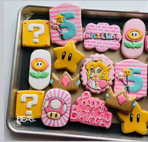 Princess peach theme decorated sugar cookies for Nayeila’s 5th birthday 💓💓💓💓 #sugarcookies #sugarcookiesofinstagram #princesspeach #princesspeachcookies #decoratedcookies #galletasdecoradas Princess Peach Sugar Cookies, Princess Peach Cookies, Peach Sugar Cookies, Peach Cookies, Mario And Princess Peach, 7 Birthday, Cake Cookie, Decorated Sugar Cookies, Sugar Cookies Decorated