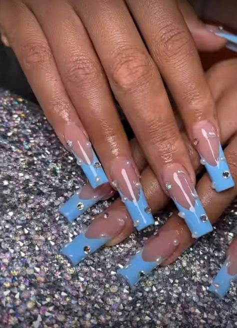 Blue Diamond Nail Designs, Diamond Blue Nails, Blue Nails With Gems Rhinestones, Blue French Tip Nails With Rhinestones, Blue Nails Diamonds, Blue Nails With Pearls, Blue Nails With Diamonds, Blue Nails With Gems, Blue Nails With Rhinestones