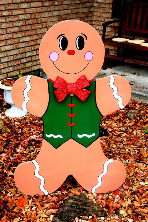 3' 6" tall Gingerbread Man Yard Art made from 3/4" plywood.  Hand painted. Gingerbread Man Yard Decorations, Gingerbread Yard Art, Gingerbread Wood Cutouts, Candyland Pieces, Christmas Wood Cutouts Yard Art, Rustic Wall Art Ideas, Vintage Wall Art Ideas, Wood Gingerbread Man, Wall Decor Ideas Farmhouse