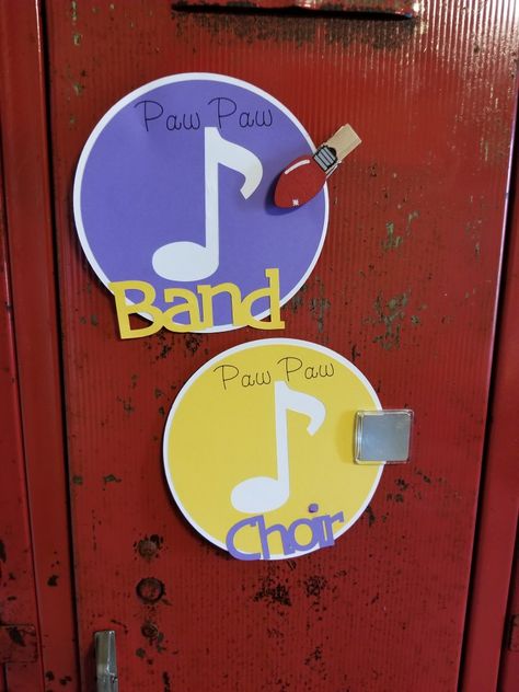 Band  locker decorations Band Locker Decorations, Band Locker Signs, Band Booster, Choir Classroom, Marching Band Shirts, Locker Tags, Locker Signs, High School Marching Band, Team Ideas