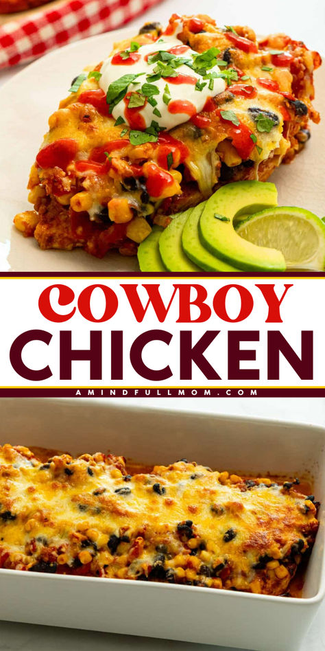 Cowboy Chicken is a quick and easy casserole packed with bold flavors and hearty ingredients! Featuring juicy chicken, seasoned corn, fire roasted tomatoes, green chilies, and black beans covered in melty cheese, Cowboy Chicken delivers a family-favorite casserole perfect for any night of the week. Chicken Tex Mex Casserole, Cowboy Chicken, Family Favorite Casseroles, Tex Mex Casserole, Baked Chicken Casserole, Tomatoes And Cheese, Tex Mex Chicken, Seasoned Corn, Easy Chicken Dinner Recipes