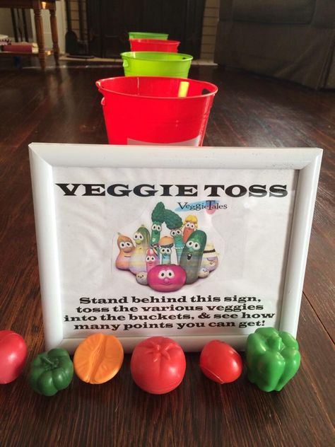 Easy game for a Veggietales Bday party. I found the veggie toys at the dollar store and just taped point signs on buckets found in the dollar aisle at Target. Veggie Tales Decorations, Veggietales Party Ideas, Vegetable Themed Party, Veggietales Birthday Party Ideas, Veggie Tales Christmas, Veggie Tales Birthday Party, Veggie Tales Birthday, Veggie Tales Party, Veggie Tales