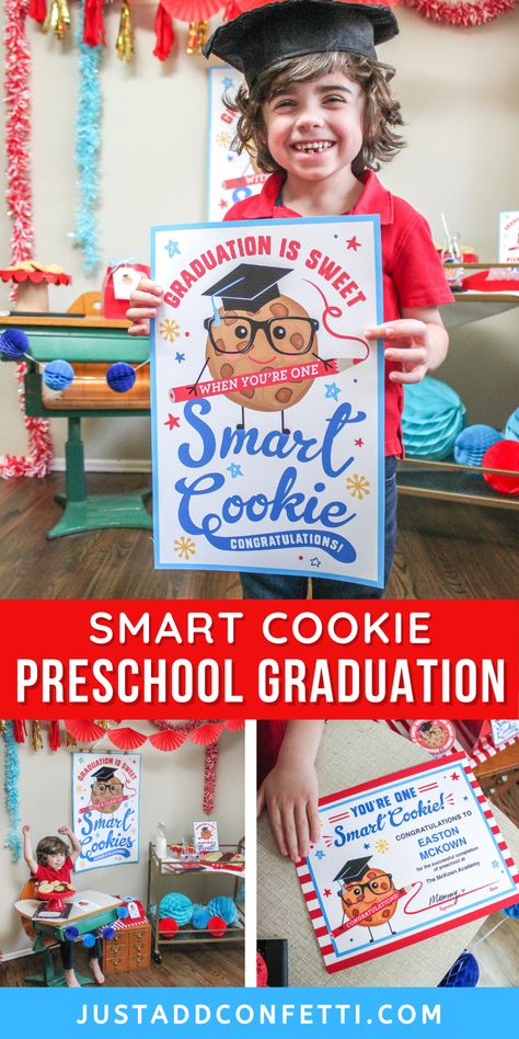 This smart cookie preschool graduation theme is so much fun! Perfect for both class ceremonies or individual celebrations. I’ve created a huge pack of party printable decorations to make planning your party a breeze. From posters and signs, to gift tags and graduation certificates...I’ve got you covered! Everything is available in my Just Add Confetti Etsy shop. What a sweet theme for kindergarten graduation too. Head to justaddconfetti.com for more simple graduation and end of the year ideas! End Of Kindergarten Celebration, Graduation Posters Signs, Kindergarten Graduation Party Themes, Graduation Themes For Preschool, Preschool Graduation Theme Ideas, Graduation Party For Him, Preschool Graduation Ideas Theme, Prek Graduation Theme Ideas, Kinder Graduation Ideas