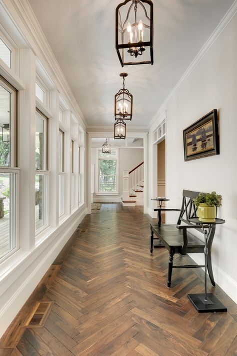 Benjamin Moore EDGECOMB GRAY Bedroom Office Design, Herringbone Hardwood Floors, Kitchen Flooring Options, Herringbone Wood Floor, Farmhouse Flooring, Herringbone Wood, Hallway Foyer, Long Hallway, Foyer Decorating