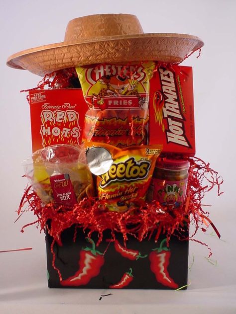 Cinco de Mayo gift basket. This would even be great for a party theme. Spicy Basket Ideas, Hot And Spicy Party Theme, Salsa Contest Ideas, Spicy Gift Basket Ideas, Cinco De Mayo Marketing Ideas, Cinco De Mayo Gifts For Work, Cinco De Mayo Basket Ideas, Mexican Themed Gift Basket Ideas, Spicy Birthday Theme