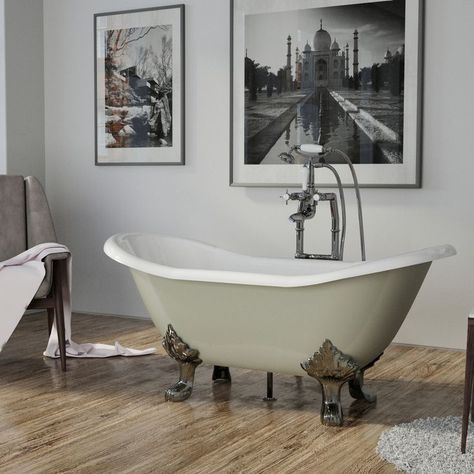 We are pleased to showcase The Byron Cast Iron Bath, shown in Farrow & Ball Mizzle. Our Cast Iron Baths can be Bespoke Finished in Leather, Hand Gilded, Fabric or Painted in over 10,000 Colours - With Colour Match Service. We Offer FREE Delivery To UK Mainland (Excludes Scotland) and a 5 Year Guarantee! #baths #castironbaths #bathroom #interiordesign #homerenovation #homeimprovement #hurlinghambathrooms #expert Farrow Ball Mizzle, Cast Iron Bath, Slipper Bath, Copper Bath, Roll Top Bath, Colour Match, Bath Taps, Enameled Cast Iron, Designer Slippers