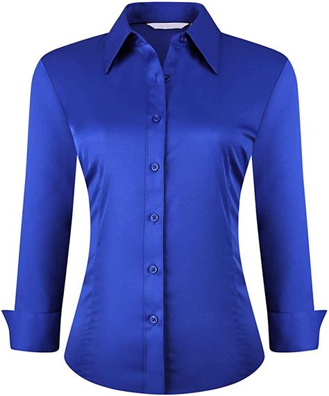 Feminine Shirts, Horse Show Clothes, Women's Button Down Shirt, Shirts Long Sleeve, Women Formals, Work Blouse, Amazon Women, Button Shirt, Blue Blouse