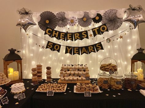 50th Birthday Ideas For Table Decorations, 50 Years Man Birthday Decoration, 50th Bday Dessert Table, Dessert Table For Mens Birthday, Dessert Table For Man Birthday, 50th Birthday Snack Table, 50th Birthday Candy Table, 50th Candy Table Ideas, 50 Birthday Dessert Table