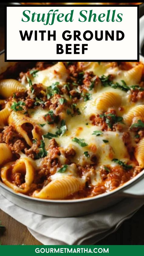 These stuffed shells are loaded with savory ground beef, creamy ricotta, and topped with melted mozzarella for the ultimate cheesy bite. Perfect for family dinners or a cozy night in, this dish is comfort in every forkful. Make this dish tonight – grab the recipe #stuffedshells #groundbeefrecipes #italianfood #comfortfood #familydinner #easyrecipes #cheesylovers #pastanight #dinnerideas #homemaderecipes Stuffed Shells With Ground Beef, Ground Beef Ricotta, Shells With Ground Beef, Stuffed Shells Beef, Baked Stuffed Shells, Mexican Stuffed Shells, Shell Pasta Recipes, Stuffed Shells Ricotta, Instant Family