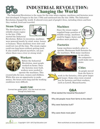 Worksheets: Industrial Revolution. This worksheet can be used to have students read and answer questions about the Industrial Revolution. Industrial Revolution Lessons, 7th Grade Social Studies, World History Classroom, History Lesson Plans, Social Studies Education, 6th Grade Social Studies, World History Lessons, Homeschool Social Studies, The Industrial Revolution