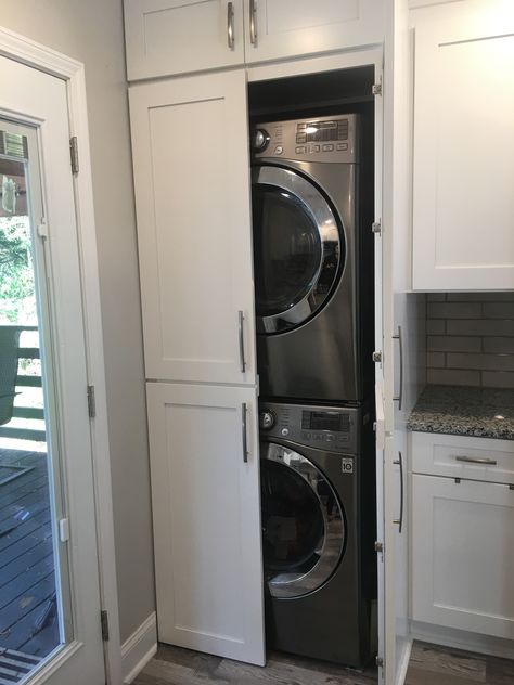 Wash And Dryer Closet Small Spaces, Small Laundry Room Ideas Double Stack, Cabinet For Washer And Dryer, Closet Laundry Room Ideas Hallways, Laundry In Kitchen, Washer Dryer Laundry Room, Stacked Laundry, Stackable Laundry, Stacked Laundry Room