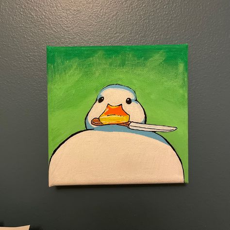 White duck/goose with a knife in its mouth. Green background Goose Painting, Duck Painting, Paint Inspo, Painting Inspo, Easy Drawings Sketches, Crafty Creations, Knife Painting, Project Inspiration, Small Canvas