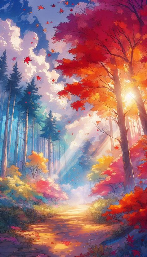 Fall in love with the majesty of the forest! Anime fall scenery that's about to spice up your smartphone wallpaper game! Featuring vibrant fall colors, fluffy clouds, and majestic mountains. #AnimeFall #NatureEscapes #4KWallpaper #BackgroundGoals #MiyazakiInspired #SpiritedAway #FallColours #AnimeInspired #NatureLover #WallpaperWednesday #iPhone14Pro Fall Anime, Fall Scenery, Paige Halliwell, Redeeming Love, Fluffy Clouds, Majestic Mountains, Autumn Scenery, Smartphone Wallpaper, Miyazaki