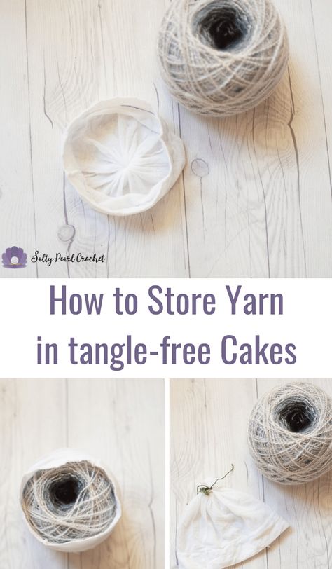 Have you ever wondered how to store yarn without tangles that waste your precious crochet time? Look no further! I can teach you a super simple way how to store yarn cakes with a surprising item you might have in your closet. Yarn Cake Storage, How To Store Yarn, Storing Yarn, Crochet Reference, Crocheting Stitches, Crochet Hacks, Pearl Crochet, Yarn Cakes, Grandma Crafts