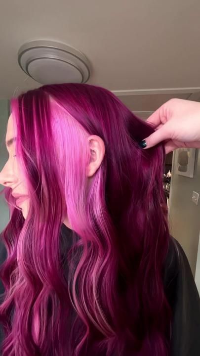 Muted Magenta Hair, Red And Fuschia Hair, Chunky Color Highlights, Pink Purple Red Hair, Color Block Vivid Hair, Hair Dye Colour Ideas, Fushia Hair Color Magenta, Fall Fun Hair Color, Peak A Boo Hair Dye Ideas