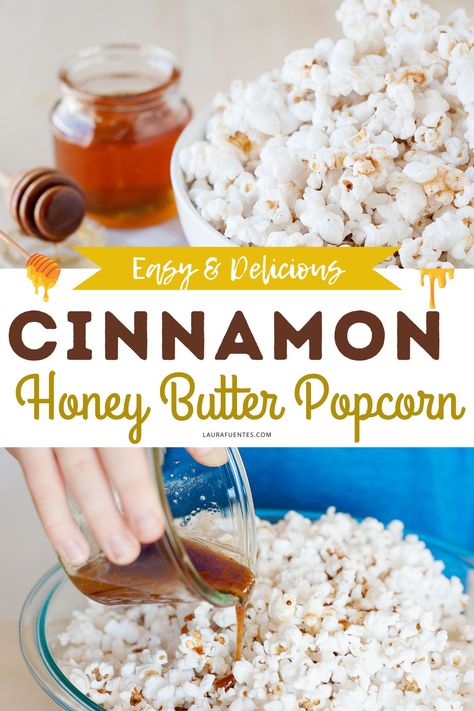 cinnamon honey butter popcorn recipe Popcorn Bowls, Bake Snacks, Honey Popcorn, Fun Holiday Treats, Happy Homemaking, Cinnamon Honey Butter, Butter Glaze, Sweet Popcorn, Cinnamon Honey