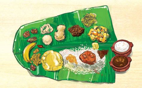 Mumbai Food: Complete traditional Malayali meal decoded - Life and style  #mumbaifood #foodguide #foodlovers #mumbaifoodguide #foodporn #stayfit #bestfoodplaces Onam Sadya, Onam Sadhya, Mumbai Food, Indian Illustration, Happy Onam, Kerala Food, Plant Art Print, Food Cartoon, Food Painting