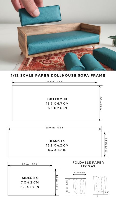 Create this mini 1/12 scale sofa frame for a modern dollhouse interior with the measurements from this template. Suitable for wood, paperboard or any other 3 mm or 1/8 inch thick material. You can also use skewers to make the legs of the sofa. Model Furniture Diy, How To Make Doll Furniture, Dollhouse Sofa Diy, Miniature Furniture Template, Miniature Sofa Diy, Doll House Ideas Interiors, Modern Dollhouse Interior Ideas, 1:12 Scale Dollhouse Furniture Tutorial, Diy Dollhouse Furniture 1:12