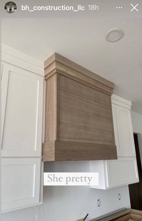 Angled Range Hood, Wood Hood Cover, Range Hood Design Ideas, Range Hood With Shelf, Shiplap Kitchen Hood, Stove Hoods Ideas, Hood Above Stove, Tangerine Kitchen, Range Hoods Ideas