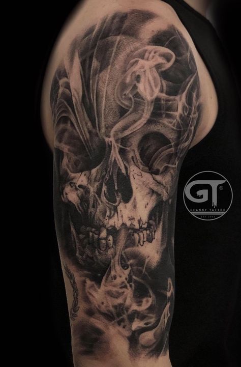 Skull Cloud Tattoo, Skull Shoulder Tattoo Men, Skull Shoulder Tattoo, Demon Tattoos, Husband Tattoo, Soldier Tattoo, Skull Rose Tattoos, Skull Hand Tattoo, Skull Sleeve Tattoos