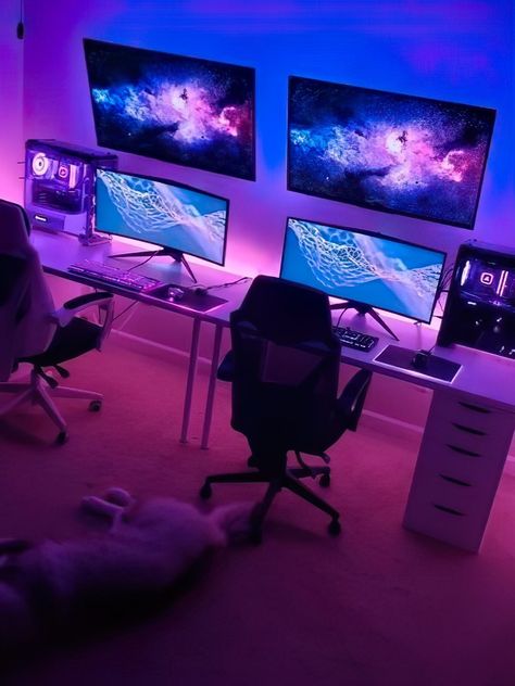 Couples Gaming Room Setup with beautiful ambient RGB lighting Cute Couple Gaming Setup, Bf And Gf Gaming Setup, Gaming Room For Couples, Couples Gaming Room, Couples Gaming, Couple Gaming Room Setup, Game Aesthetic, Couple Room, Gaming Station