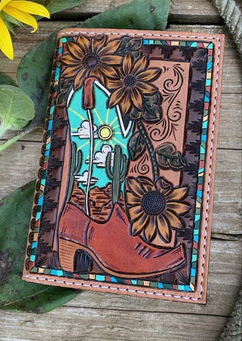 Tooled Leather Book Cover, Tooled Leather Card Holder, Western Leather Work, Leatherwork Projects, Decomposition Book, Handmade Leather Work, Leather Working Projects, Leather Notepad, Custom Leather Work