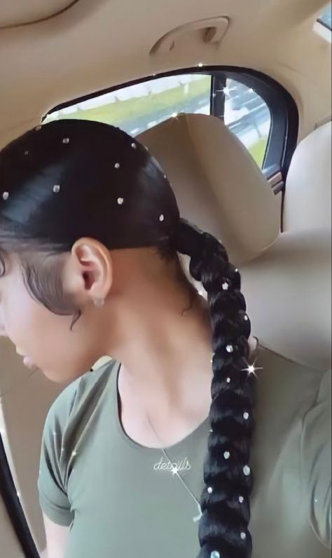 Rhinestone Ponytail Braid, Braided Ponytail With Pearls, Rhinestone Ponytail, Braided Ponytail Weave, Prom 2k24, Baddie Lifestyle, Sparkle Pony, Slicked Back Ponytail, Weave Ponytail Hairstyles