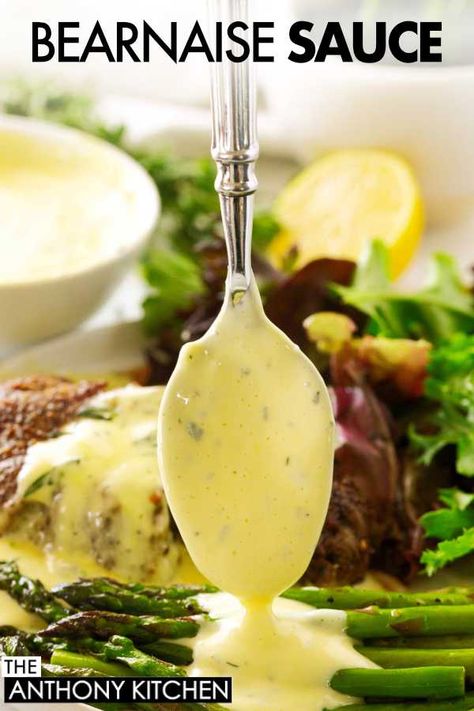 A close up shot of a spoon that has been dipped in Bearnaise Sauce and is dripping on asparagus.  Behind the spoon is a steak and salad. Bearnaise Sauce Easy, Steakhouse Dinner, Bernaise Sauce, Brunch Sides, Bearnaise Sauce, Brunch Casserole, Dipping Sauces, Special Sauce, Ground Beef Recipes Easy