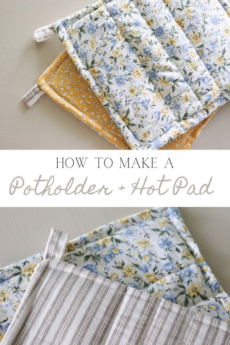 Hand Sewn Potholders, Fabric Crafts For Beginners, Pot Holder Sewing Pattern Free, Diy Quilted Potholders, How To Quilt Fabric, Napkin Sewing Pattern, Easy Cute Sewing Ideas, How To Make Hot Pads, Homemade Hot Pads