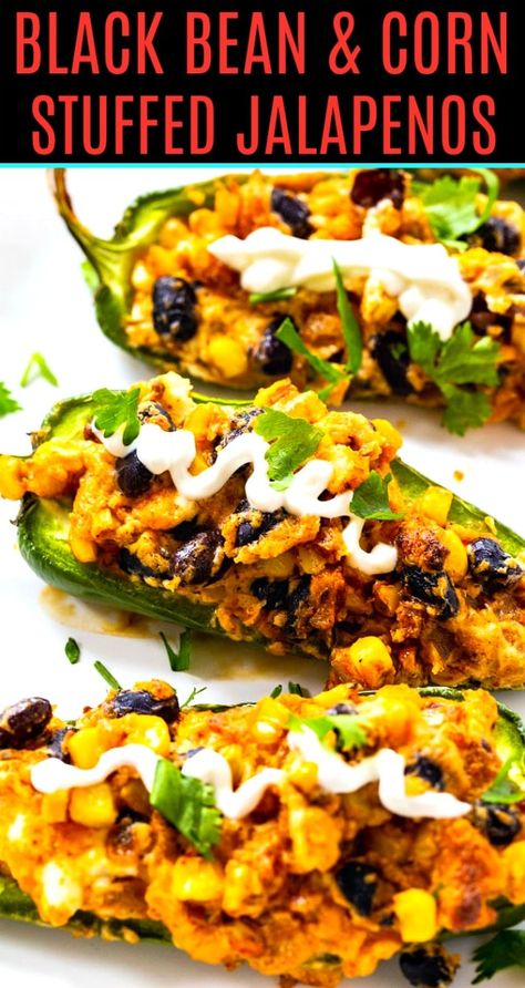 Black Bean and Corn Stuffed Jalapenos are a great vegetarian appetizer. Fresh Jalapeno Recipes, Vegetarian Jalapeno Poppers, Fresh Jalapeno, Ww Sides, Stuffed Jalapenos, Spicy Southern Kitchen, Vegetarian Appetizer, Black Bean And Corn, Jalapeño Poppers