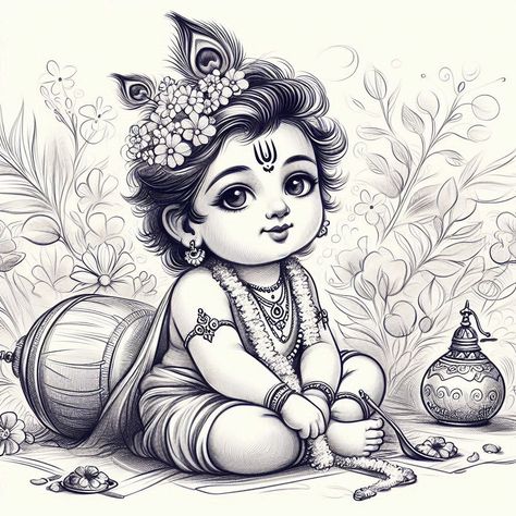 Baby Krishna Drawing, Little Krishna Sketch, Cute Little Krishna Drawing, Radhakrishna Drawing, Tommy Jerry, Little Krishna Drawing, Lord Krishna Sketch, God Drawing, Ancient Art Tattoo