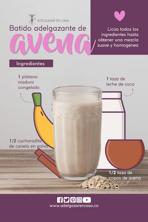 10 recetas de batidos de avena para bajar de peso y mejorar la salud #salud #dieta #pérdida de peso Gelatin Recipes, Nutritious Smoothies, Gym Food, Healthy Lifestyle Food, Healthy Food Options, Food Garnishes, Healthy Sweets Recipes, Smoothie Shakes, Health Drink