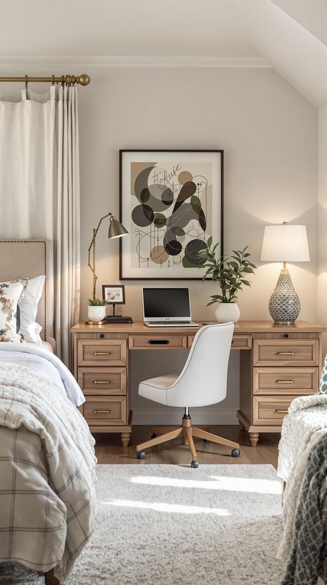 Guest room office combo Room And Office Combo Ideas, Serene Room, Guest Room Office Combo, Guest Bedroom/office, Functional Office, Cozy Workspace, Sleek Desk, Luxe Lounge, Convertible Furniture