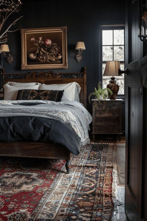 40 Chic Farmhouse Bedrooms That Bring Country Charm Home | The Olive Branch Nest Moody Traditional, Moody Decor, Victorian Bedroom, Moody Bedroom, Romantic Bedroom, Up House, Bedroom Refresh, Farmhouse Bedroom, Master Bedrooms Decor