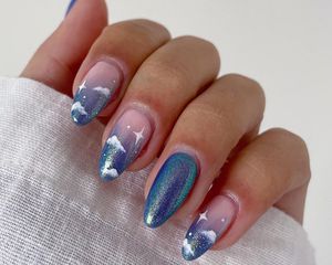 Sky Inspired Nails, Niall Horan Nails Ideas, Niall Horan Nails Designs, Niall Horan Inspired Nails, Blue Birthday Nails, 1d Nails, Nail Polish Ideas Easy, Cloud Nails, Opal Nails