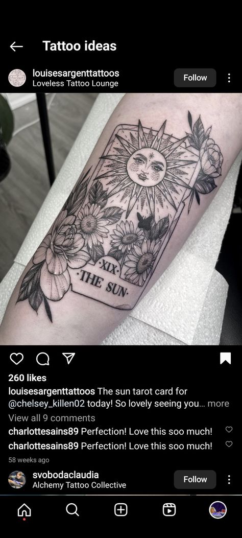 Sun Tarot Card Tattoo, Tattoo Lounge, Alchemy Tattoo, Sun Tarot Card, The Sun Tarot Card, Tarot Tattoo, Tarot Card Tattoo, The Sun Tarot, Card Tattoo