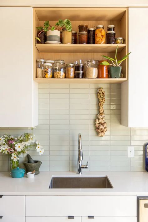 Floating Shelf Over Kitchen Sink, Shelf Above Sink Kitchen, Open Shelving Above Sink, Shelves Above Sink, Portland Apartment, Above Kitchen Sink, Kitchen Open Shelves, Raised Panel Cabinets, Above Sink