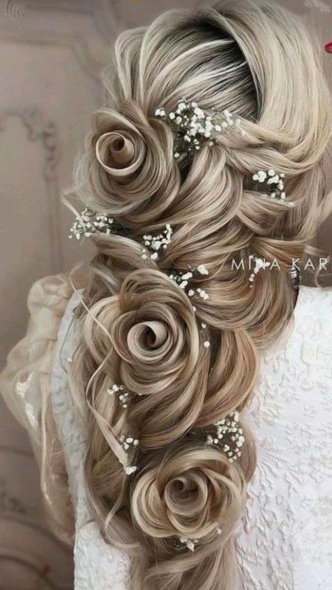 Bun Hairstyles Long Hair, Braided Rose Hairstyle, Rose Hairstyle, Bridal Hair Ideas, Beautiful Wedding Hairstyles, Rose Braid, Beautiful Wedding Hair, Saree Hairstyles, Beautiful Gray Hair