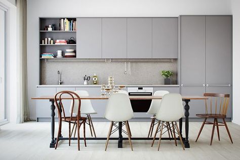 Grey kitchen Model Dapur, Scandinavian Dining Room, Серая Кухня, Kitchen Design Pictures, Gray And White Kitchen, Kabinet Dapur, Kitchen And Dining Room, White Kitchen Design, 아파트 인테리어