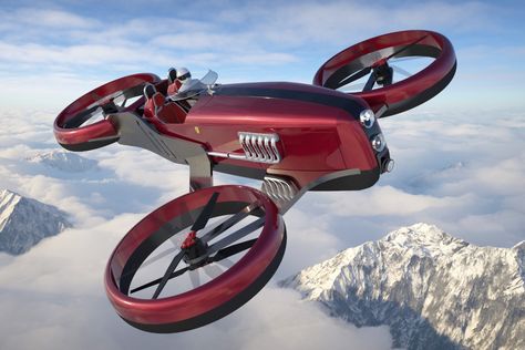 This retro-future 6-propeller racing drone is inspired by Ferrari’s F1 cars from the 50s Flying Vehicles Concept, Flying Car Design, Scifi Transport, Drone Concept, Futuristic Vehicles, Flying Cars, Future Transportation, Flying Vehicles, Drones Concept