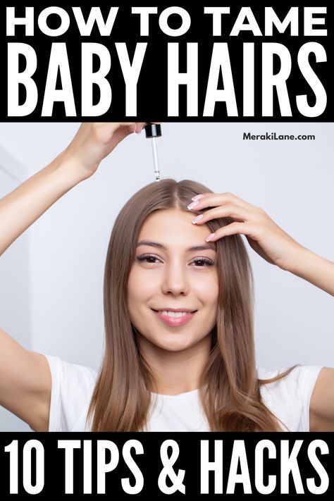 How to Tame Baby Hairs | What causes baby hairs, and how do you tame them so you can sport your favorite updos and slicked back looks? While gel and hairspray are an obvious fix, these hair products tend to leave your hair looking wet and/or greasy, which probably isn't the look you're going for. In this post, we dive into the causes of baby hairs so you can treat the issue and avoid it from persisting. We're also sharing 10 brilliant hair hacks to help you fix flyaways like a pro! Ponytail Flyaways, Hair Flyaways Tips, Hairstyles For Flyaway Hair, What To Do With Baby Hairs, Slick Ponytail Products, How To Tame Baby Hairs, How To Tame Flyaways, How To Style Baby Hairs, How To Slick Back Hair Ponytail