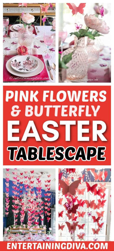 Need some inspiration for your Easter table this season? Then these gorgeous Easter flowers and butterfly decoration ideas are the perfect place to start. Easter Dinner Party, Butterfly Centerpieces, Pink Dinner Plates, Spring Table Settings, Are Ideas, Pink Glass Vase, Easter Entertaining, Butterfly Decoration, Buffet Decor