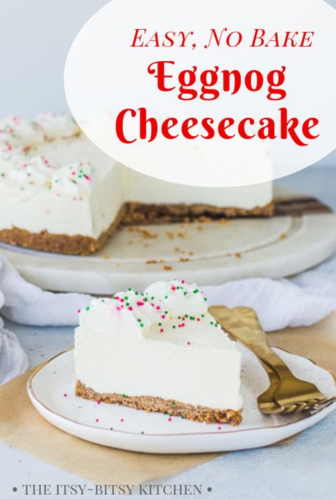 This eggnog cheesecake with a gingersnap crust is super easy to make, requiring little active time, and it’s an entirely no-bake dessert! If you're looking for a delicious Christmas dessert recipe, this is it! #eggnog #cheesecake No Bake Egg Nog Cheesecake, Antigua Recipes, Holiday Appies, No Bake Eggnog Cheesecake, Egg Nogg, Eggnog Cheesecake, Hot Chocolate Fudge, Christmas Yummies, New Year's Desserts