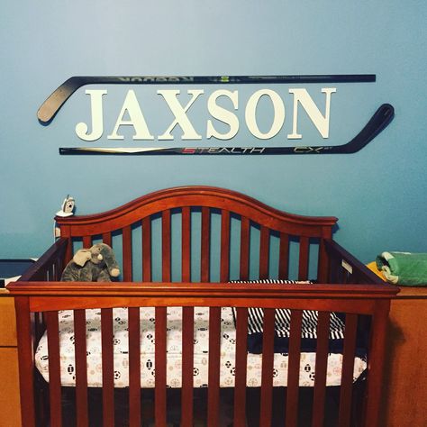 Hockey stick room art #baby #hockey #nursery #boy #babyboy Hockey Nursery, Hockey Bedroom, Hockey Room, Sports Nursery, Boys Hockey, Hockey Birthday, Hockey Kids, Hockey Baby, Girls Names